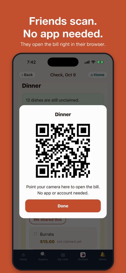 The QR code friends scan to open the bill