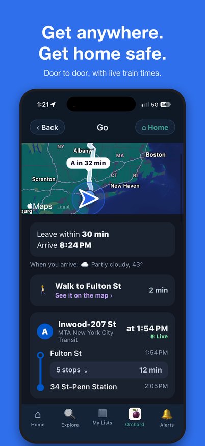 Plum Go showing a trip from New York to Woodstock, Vermont, arriving at 8:24 PM