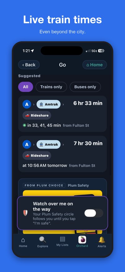 Trip choices with live departure times and Trains only and Buses only buttons