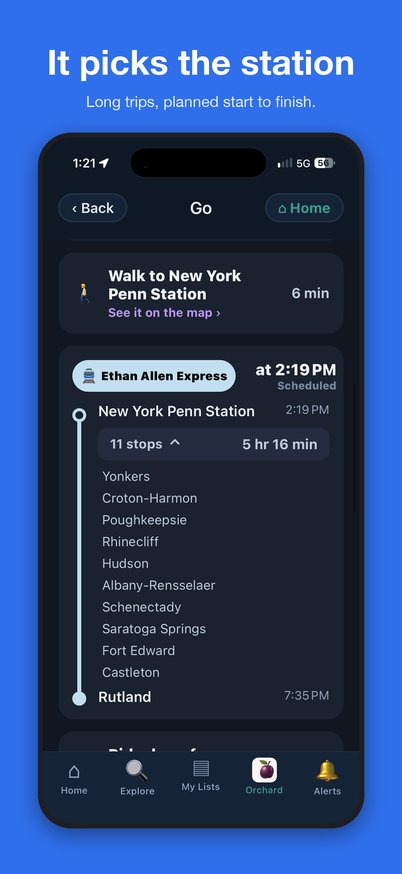 An Amtrak trip from New York Penn Station to Rutland with every stop listed